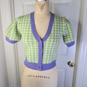 Womens‎ NWT MILK IT Lime Plaid With Purple Short Sleeve Cardigan 12
